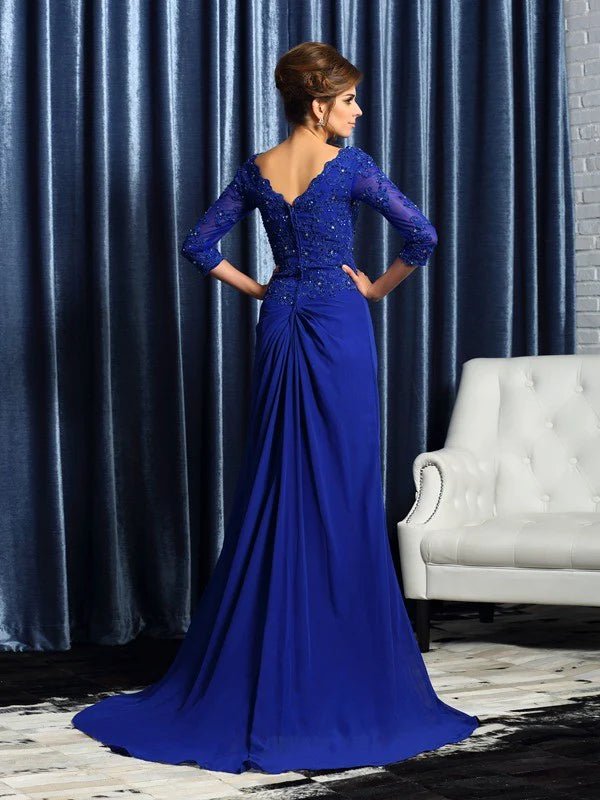 Wholesale A-Line Princess V-neck Applique Sleeves Long Chiffon Mother of the Bride Dresses